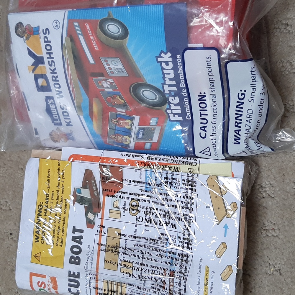 Kids DIY Craft Lowes Fire Truck Kit and Home Depot Fire Rescue Boat